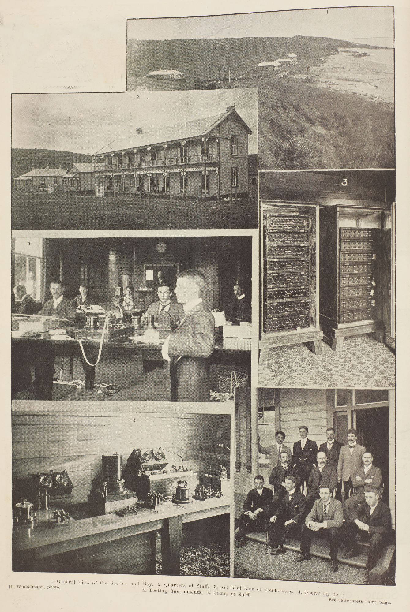Six images of the Pacific Cable Station in Doubtless Bay. 1. General view of the station and bay. 2. Quarters of staff. 3. Artificial line of condensers. 4.Operating room. 5. Testing instruments. 6. Group of staff.
