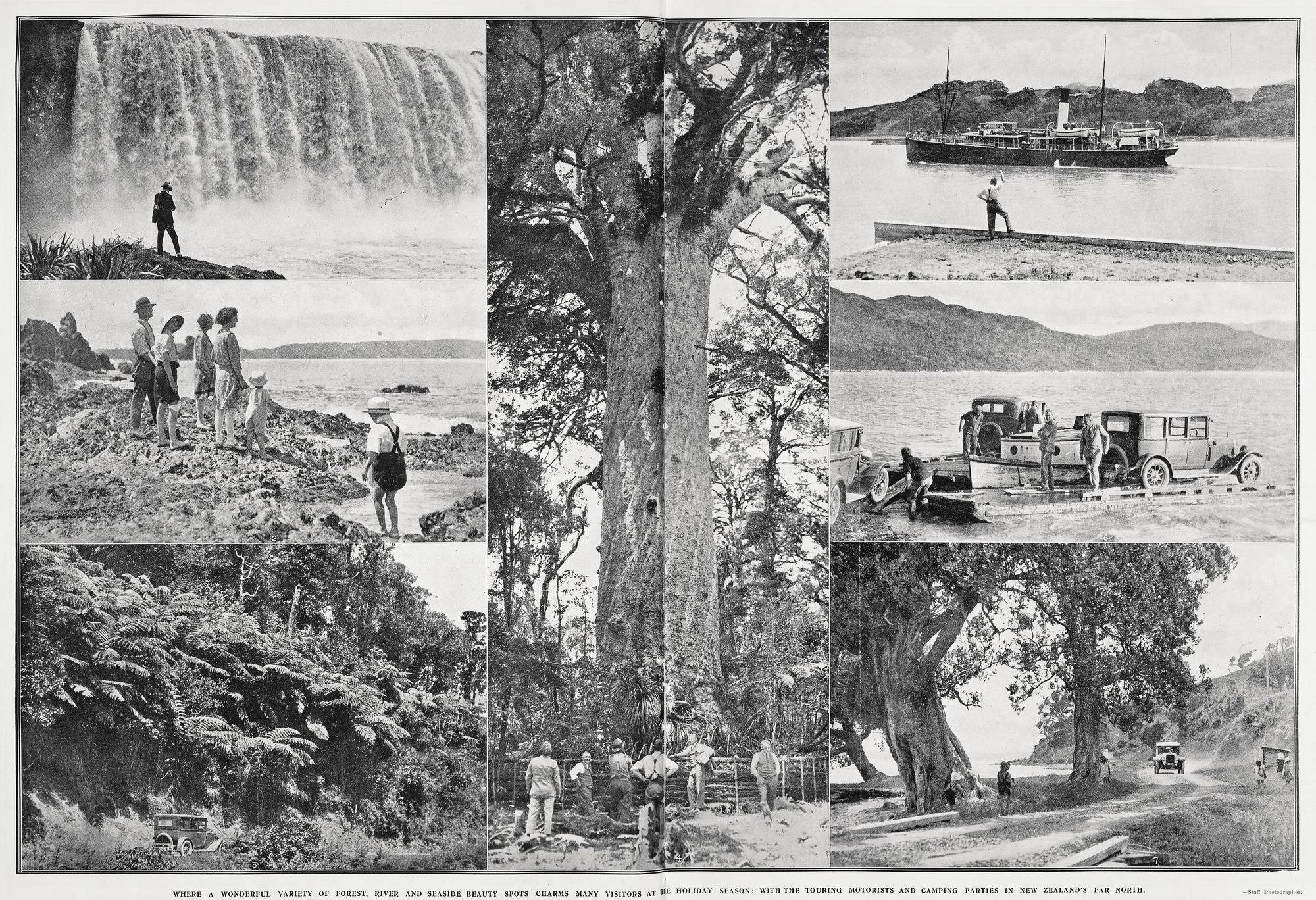 Where a wonderful variety of forest, river and seaside beauty spots charms many visitors at the holiday season. An extensive programme of new road formation in the North Auckland district has very much improved the means of access to many attractive spots.