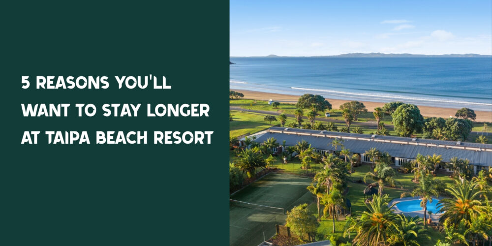 Aerial view of Taipa Beach Resort in Doubtless Bay, Northland, showcasing beachfront accommodation, tropical gardens, swimming pool and direct beach access.